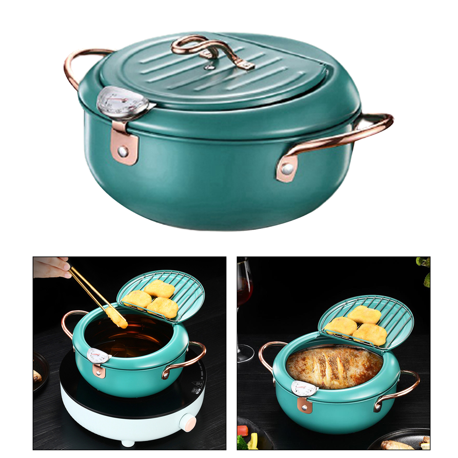 Japanese Deep Frying Pot with a Thermometer and a Lid Stainless Steel Kitchen Tempura Fryer Pan 20.5 cm