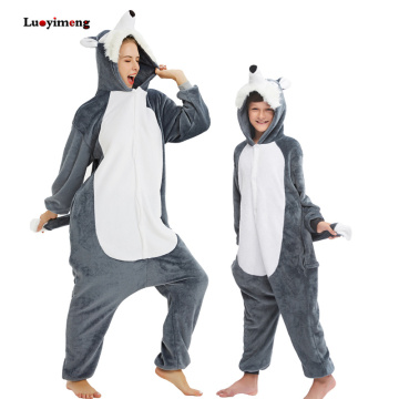 Animal Kigurumi Wolf Pajamas For Kids Adults Oneises Unicorn Pijama Sleepwear Women Pyjamas Winter Hooded Overalls Boys Jumpsuit