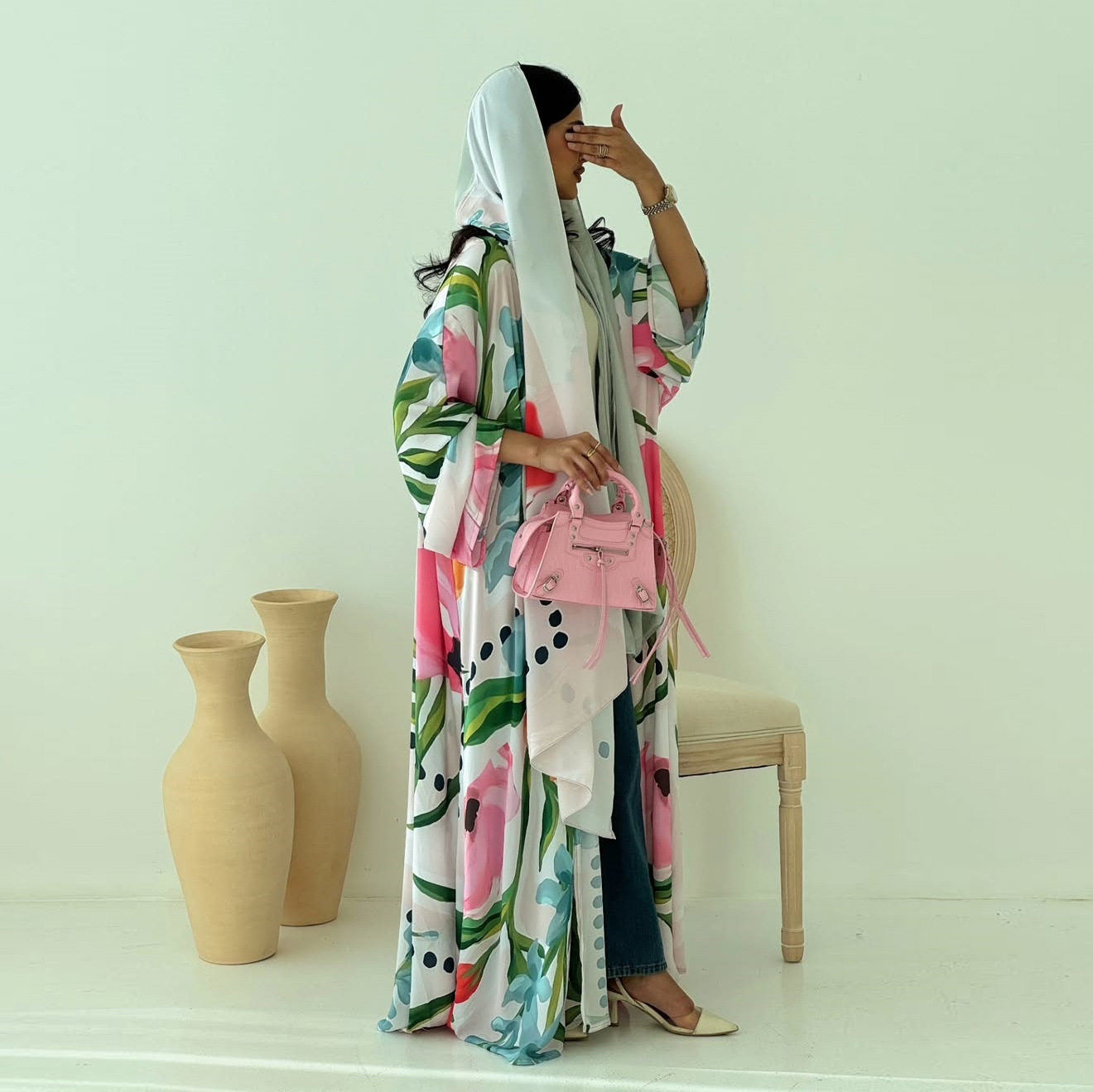 Floral Printed Open Abaya With Hijab Detail