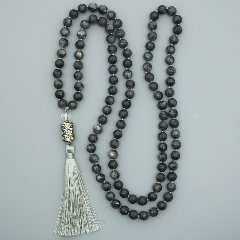 EDOTHALIA 8MM Black Labradorite Bead Mala Necklace, With Six Ture Mantra Words Pendant Necklace