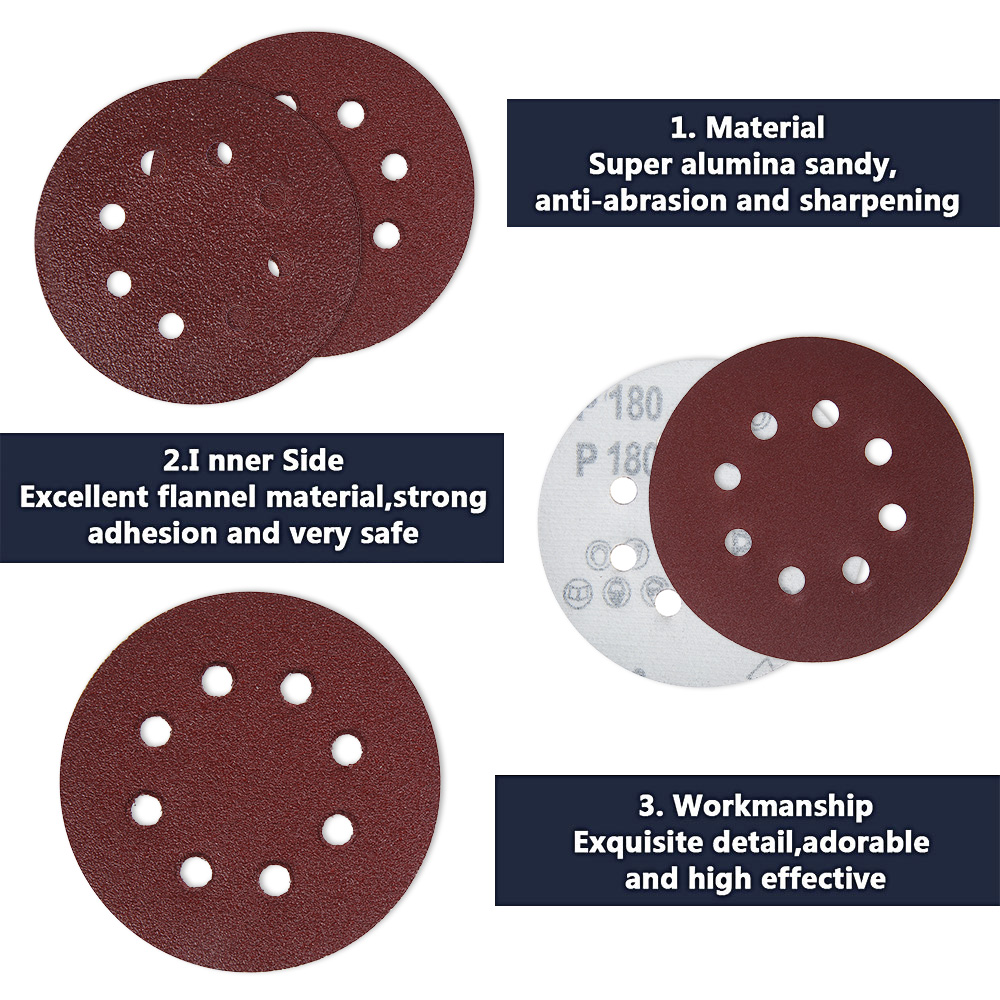100pcs 5 Inch 125mm Round Sandpaper Eight Hole Sander Discs Hook Loop Sanding Paper Polishing Pad 40-180Grit Abrasives Tools