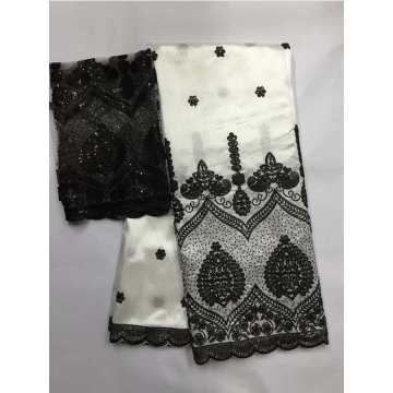 New black and white 5 yards African George Fabric Material with 2yards Indian Raw Silk George Wrappers Nigerian Lace Fabrics Set