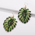 Enamel Olive Green Monstera Leaf Dangle Drop Earrings for Women Trendy Fresh Water Pearl Monstera Statement Earrings for Women