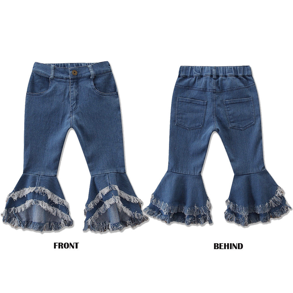 Fashion Girls Jeans Toddler Denim Ruffle Layered Flare Irregular Pants Slacks Long Pants Blue Denim Trousers for 2-7Years Old