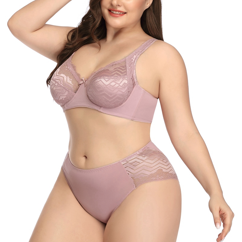 Beauwear Lace Wave Stripe Underwear For Women Soft Cup Minimizer Bra And Super Thin Breathable Brief Plus Size Bra And Panty Set
