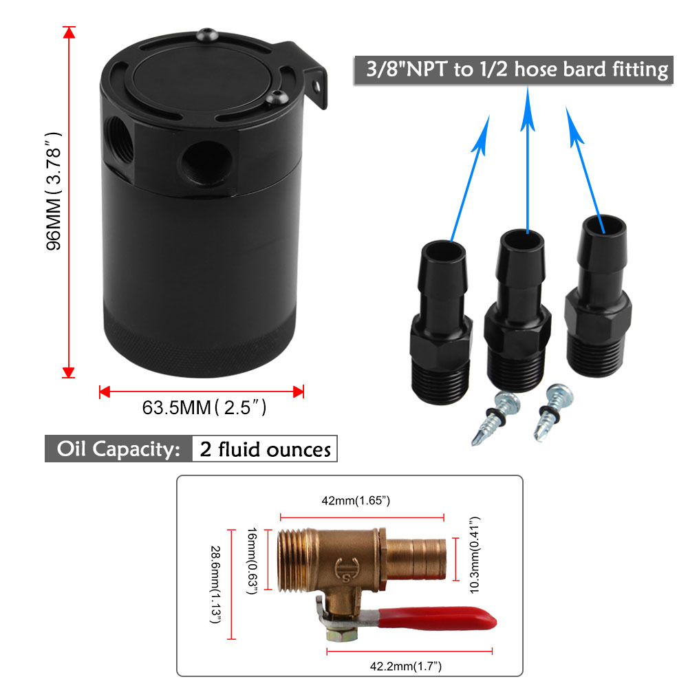 TiOODRE Universal Baffled Oil Catch Can Tank For Car 2 / 3 Port With Removable Valve Fuel Oil Separator Air Racing
