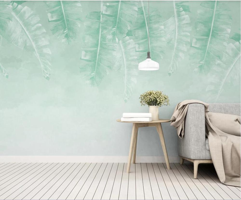 Customized large mural / wallpaper / simple and small fresh green banana leaf watercolor style background wall