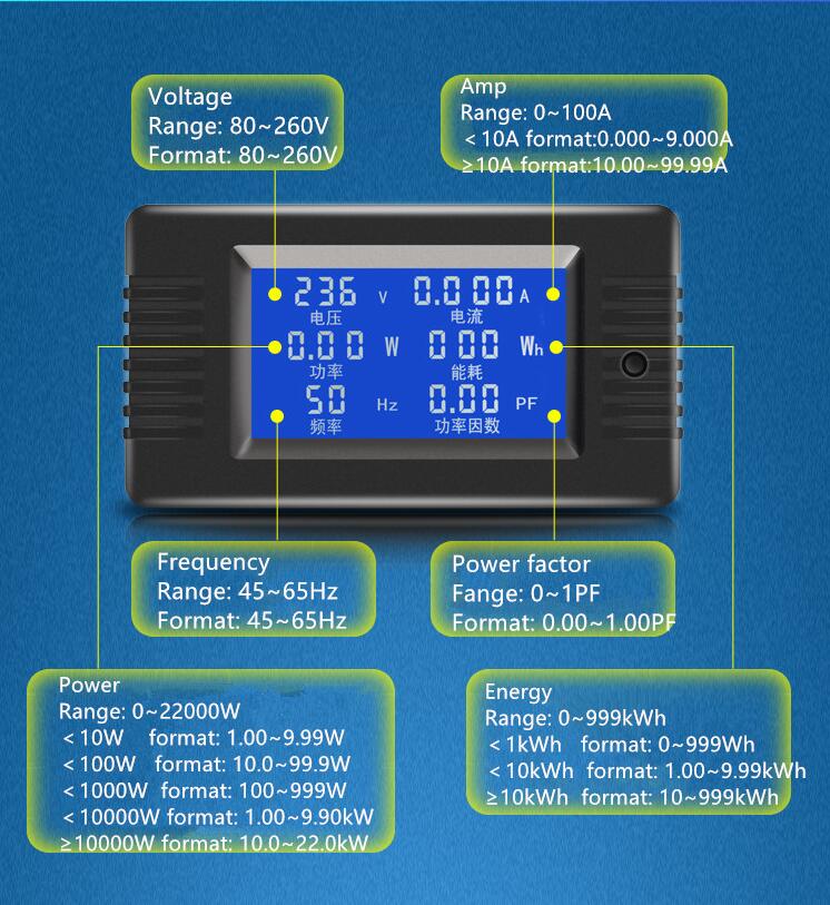 AC 80V~260V 110V 220V 100A Digital Voltage Current volt amp Meter Watt Kwh Power Energy Voltmeter Ammeter voltimetro