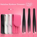 3pcs Professional Eyebrow Tweezers Kit Stainless Steel Point Tip/Slant Tip/Flat Tip Hair Removal Makeup Tool with Bag