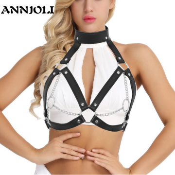 ANNJOLI Women Sex PU Leather Bra Erotic Chest Harness Cage Adjustable Buckles Metal Chain Tassel Underwear Gothic Dance Clothing