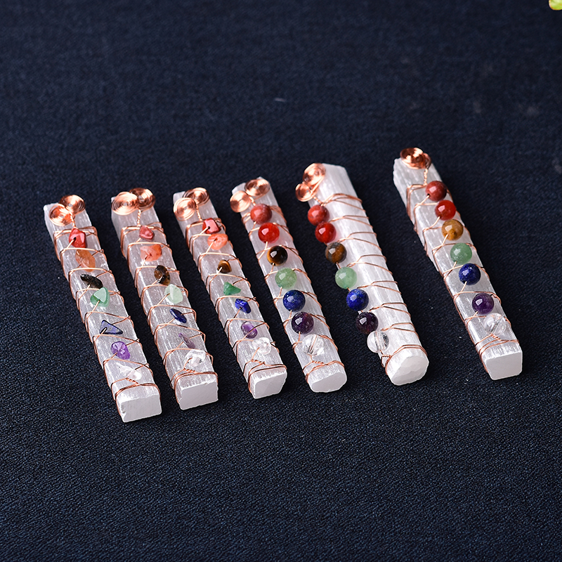 1PC Seven Chakra Crystals Stones Selenite Stick Wand for Ladies Yoga Meditation Spiritual Reiki Beads Wire Wrapped Energy Stone