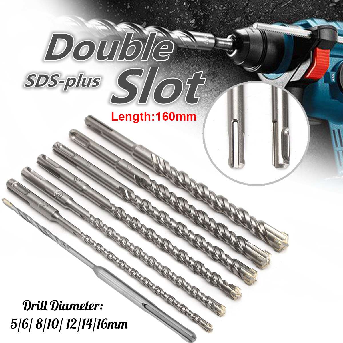 160mm Concrete Drill Bit Double SDS Plus Slot Masonry Hammer Head Tools 5-16mm Metal Hss Drill Set for Electric Drills Cutting