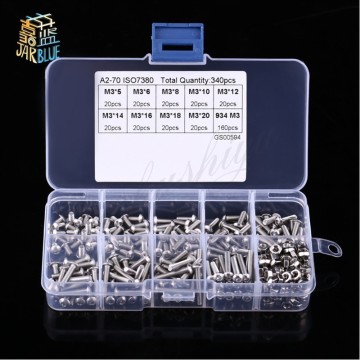 340PCS ISO7380 M3 Button Head Hex Socket Screw Bolt Nut Stainless Steel SS304 M3 Screws Nuts Assortment Kit Fastener Hardware