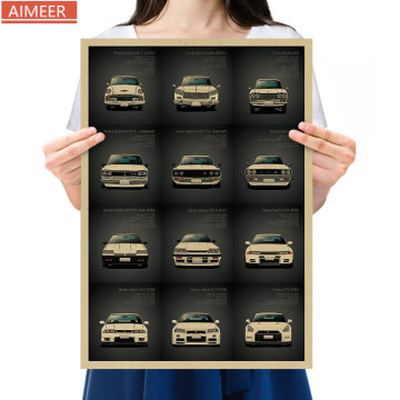 Famous car brand advertising pictures, retro kraft paper posters, GT-R series models, bar cafe home decoration paintings