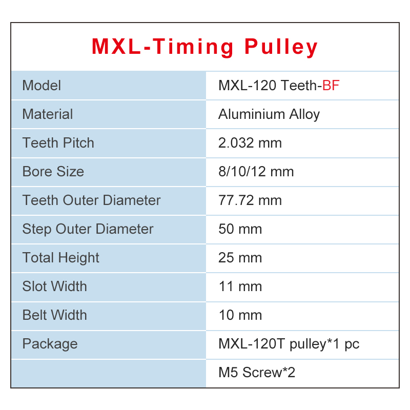 Timing Pulley MXL-120T Inner Bore 8/10/12 mm Belt Pulley Slot Width 11 mm Match with Width 10 mm MXL-Timing Belt For 3D Printer