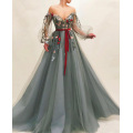 Gray Muslim Evening Dress Off Shoulder Embroidery Tulle Islamic Dubai Kaftan Saudi Arabic Long Sleeves Evening Gown Prom Dress