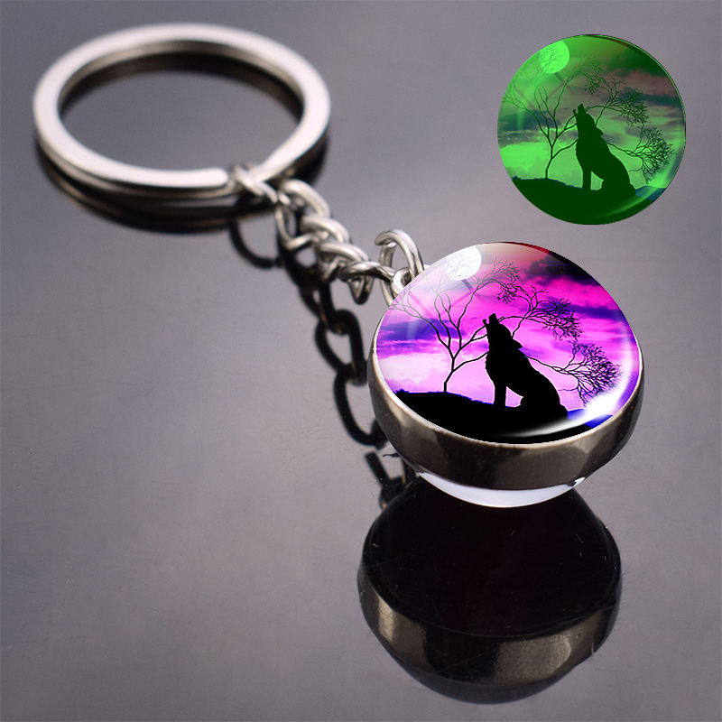 Glow in the Dark Wolf Key Chain Howling Wolf and Moon Keyring Double Side Glass Ball Keychain Wolf Head Pendant Key Ring