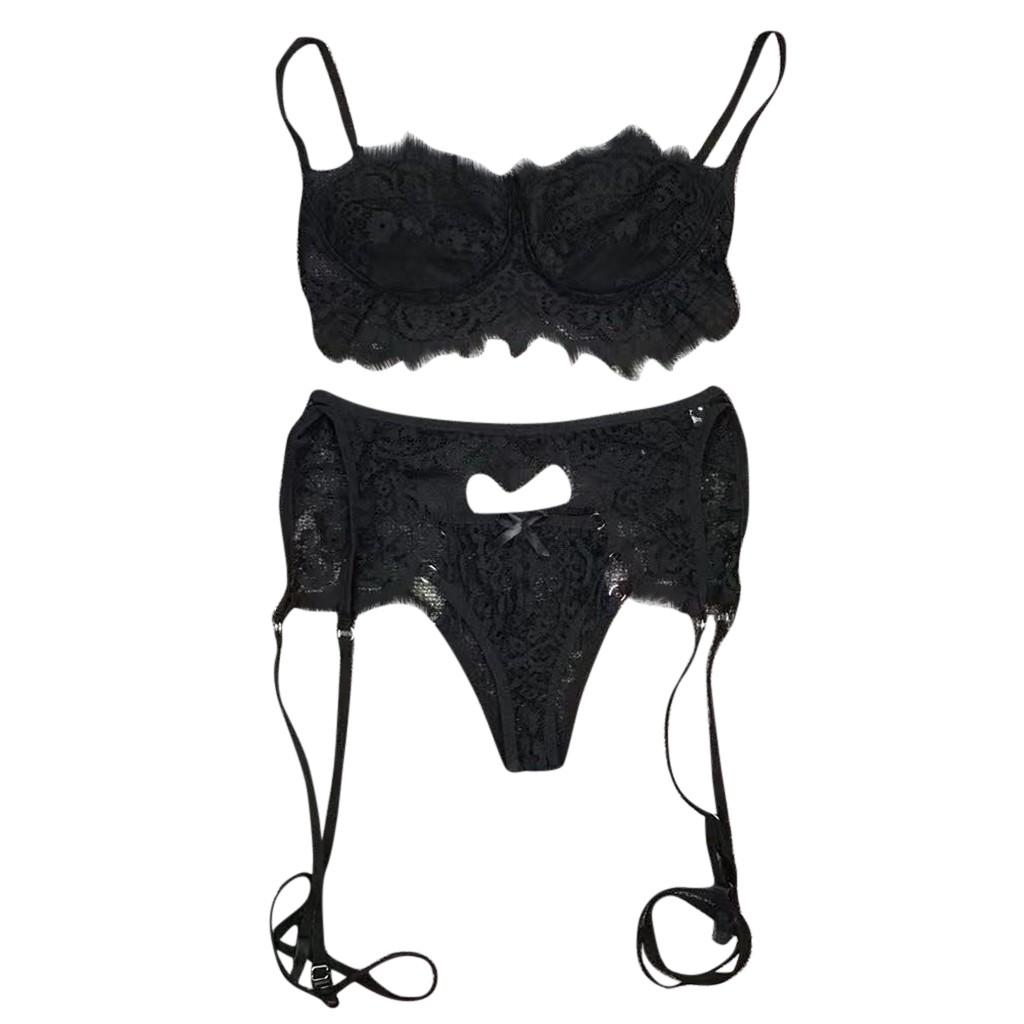 Sexy Lingerie Lenceria Women Bra 3pcs Set Sexy Lace Underwire Bra Sleepwear Bandage Black Lingerie Garter Underwear Bralette