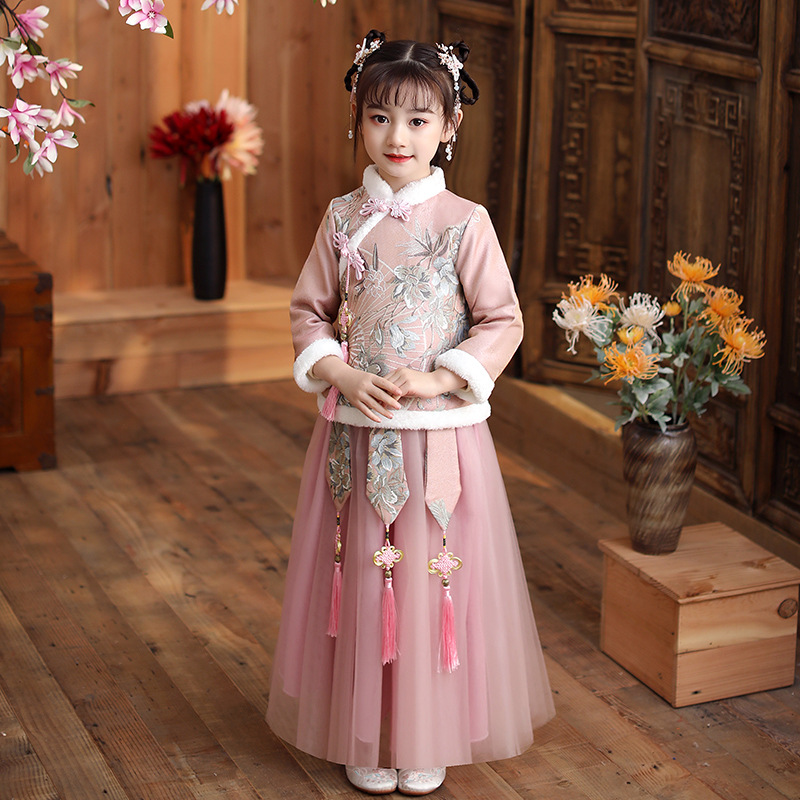 Autumn Winter New Embroider Girl's Hanfu Cheongsam Chinese Tradition Wedding Flower Girl Dress Cute Kids New Year Dress Clothes