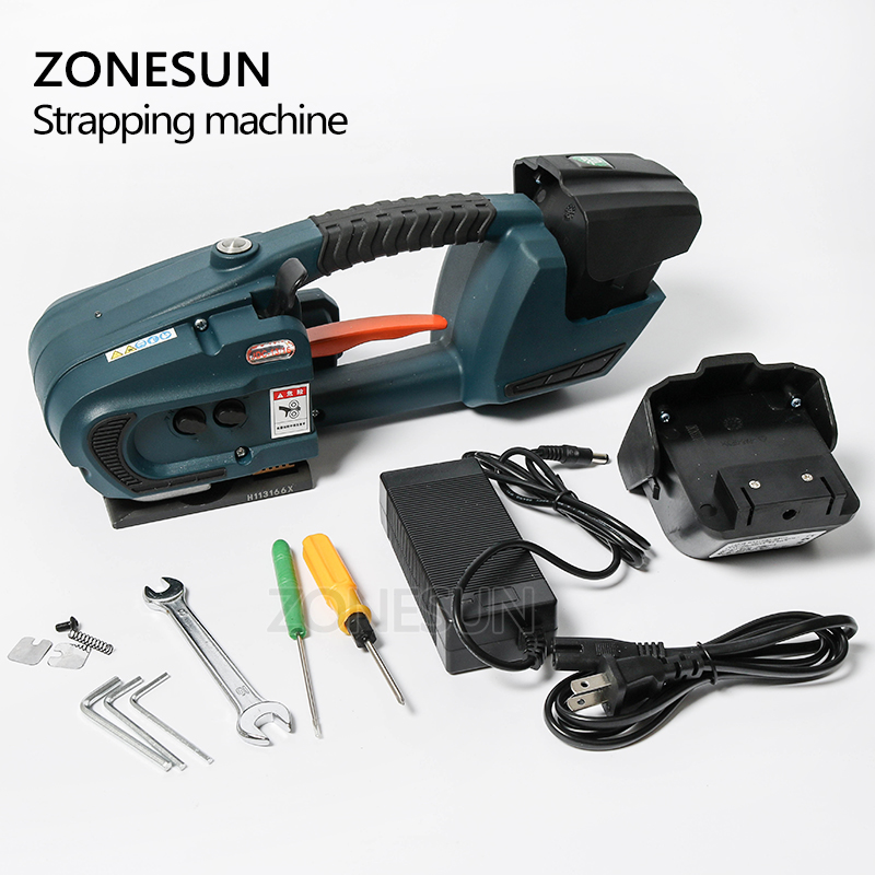 ZONESUN Strapping Machine for 13mm-16mm PET/ PP Plastic straps Battery Powered 4.0A/12V JDC wrapping Machine With 2 batteries