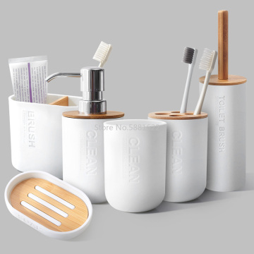 6Pcs Bamboo Bathroom Set Toilet Brush Holder Toothbrush Glass Cup Soap Dispenser Soap Dish Bathroom Accessories