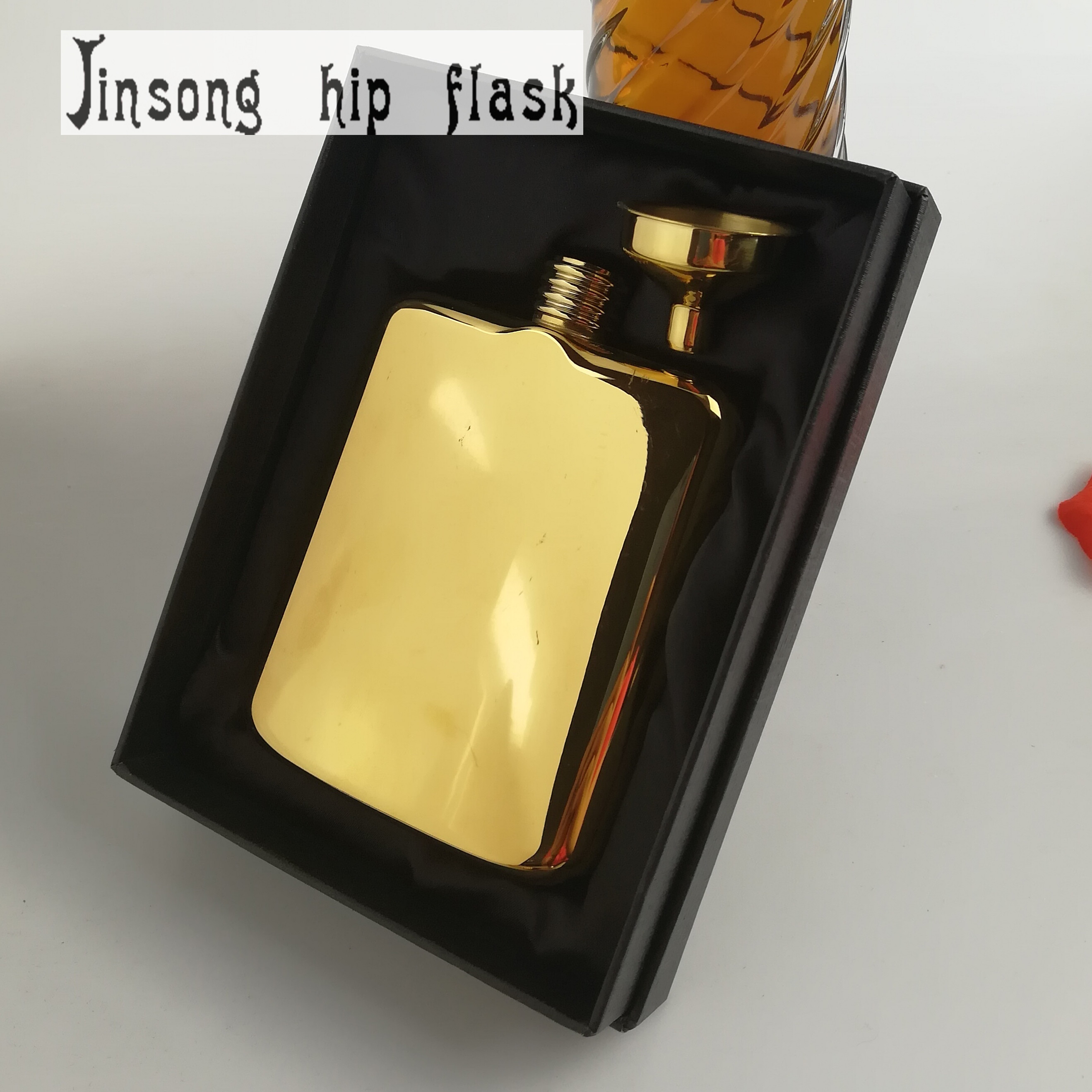 high quality hand-made golden silver and rose golden hip flask with funnel in gift set