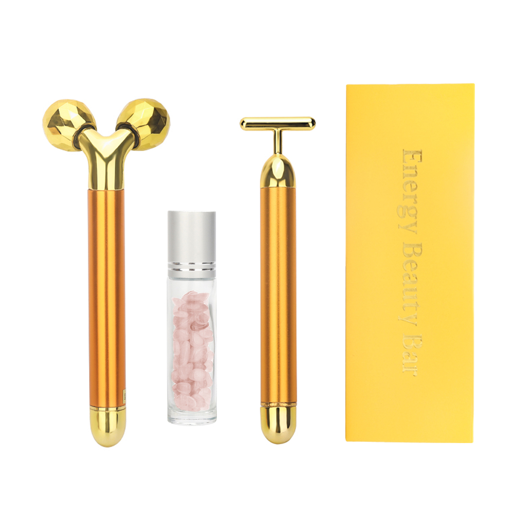 3 in 1 24k Energy Beauty Bar Golden Pulse Vibrating Facial Roller Massager Face Lifting Skin Care Tool with Gemstone Roller Ball