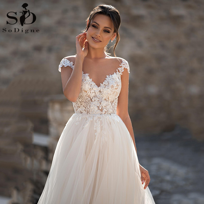 SoDigne Lace Wedding Dresses 2020 V Neck Capped Sleeves Appliques Bridal Gowns A Line Princess Wedding Gown Robe De Mariee