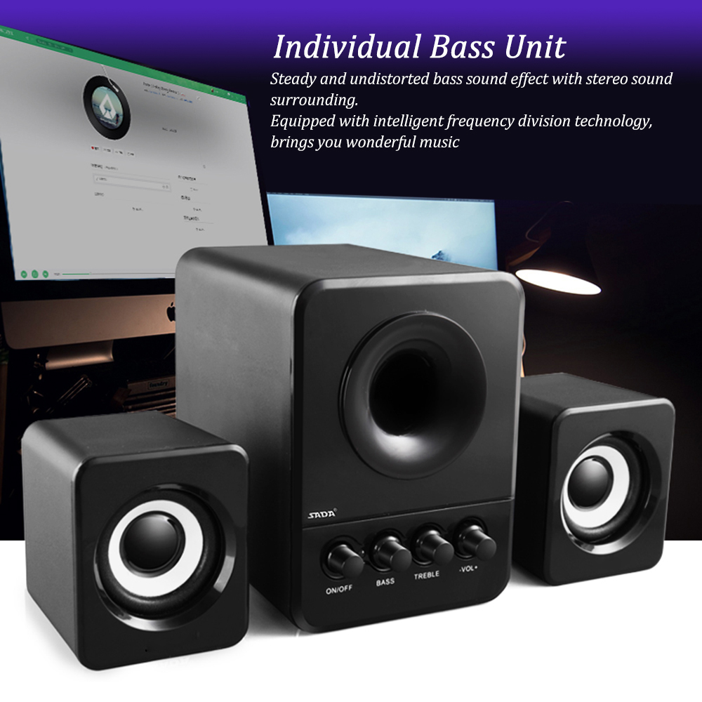 SADA D-203 USB Wired Combination Speaker Computer Speaker Bass Stereo Music Player Subwoofer Sound Box for Desktop Laptop PC