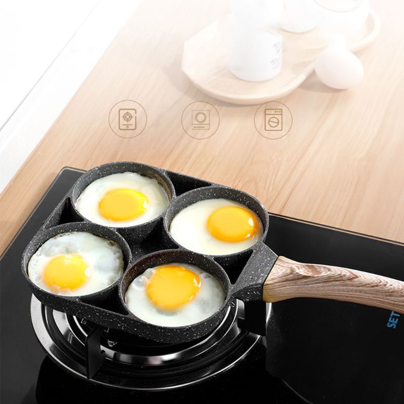 4 Hole Omelet Pan for Burger Eggs Ham Pancake Maker Wooden Handle Frying Pot Non-stick Breakfast