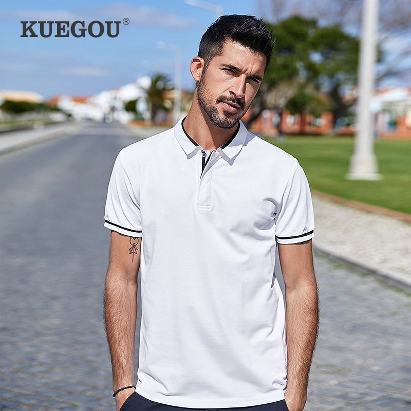 KUEGOU cotton Men's polo shirt summer Patchwork lapel poloshirt short sleeves men fashion polo shirts top plus size ZT-3392