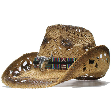 Big Ox Head Belt Hollowed Out Women Men Unisex's Retro Raffia Straw Wide Brim Sun Beach Cowboy Cowgirl Western Hat (58cm)