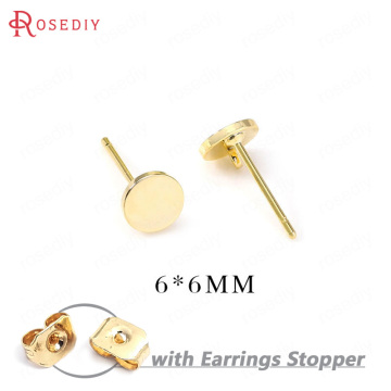 (34645)10PCS 6*6MM 24K Gold Color Brass with Hanging Hole Round Stud Earrings Pins High Quality Diy Jewelry Findings Accessories