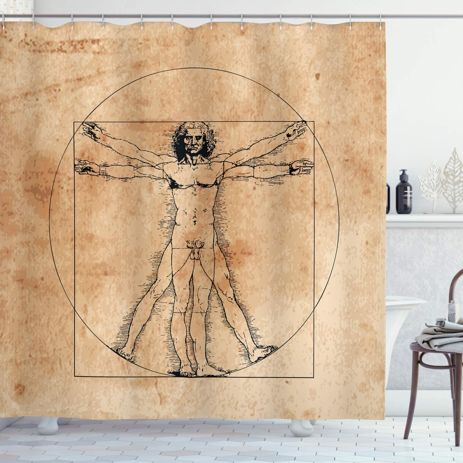 Human Anatomy Shower Curtain Medieval Vitruvian Man Crosshatching Famous Italian Painting Renaissance Body Art Bathroom Decor