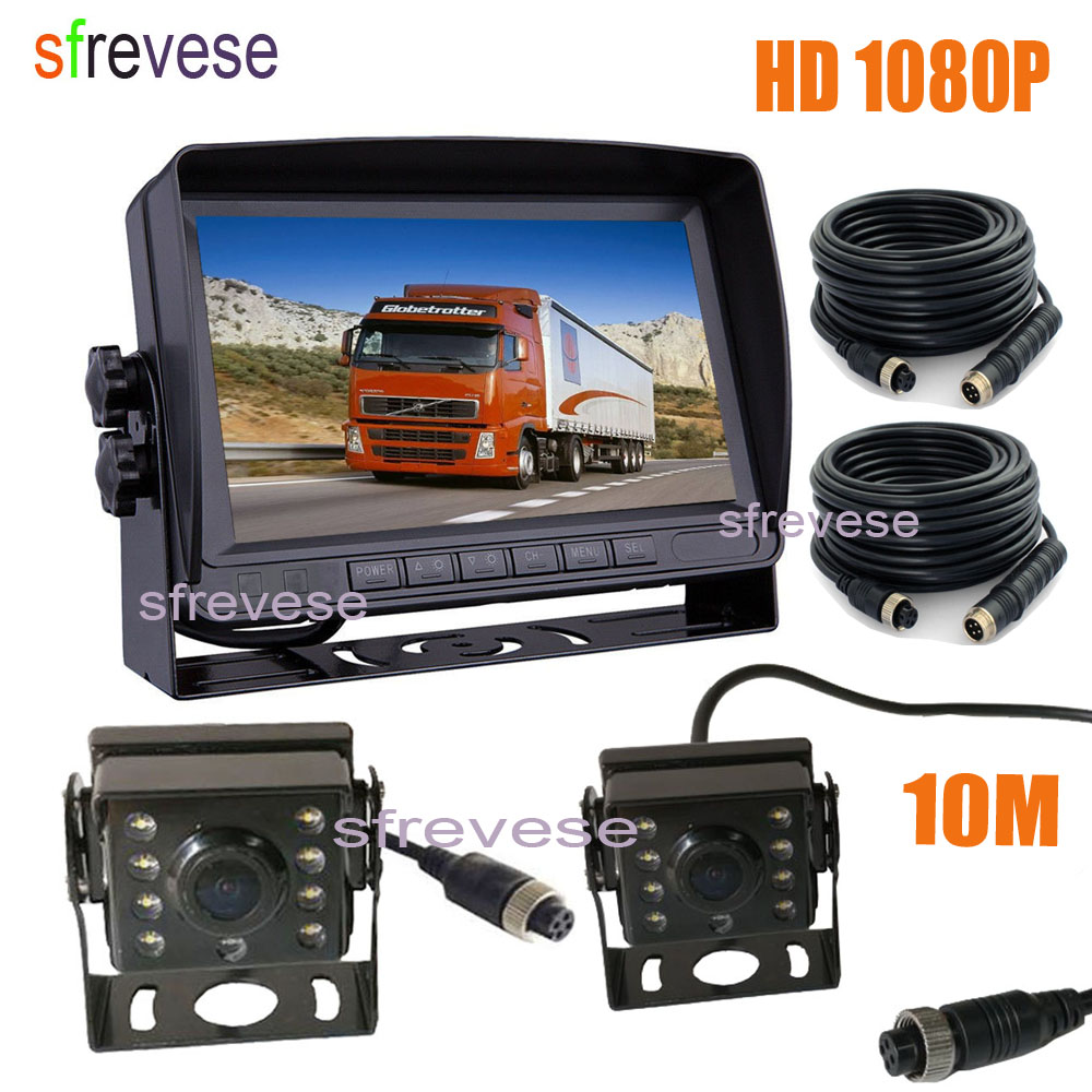 7" IPS HD 4Pin Car Rear View Monitor + 2x Waterproof AHD 1080P 175 degree Reversing Backup Camera For Bus Truck Kit 10M Cable