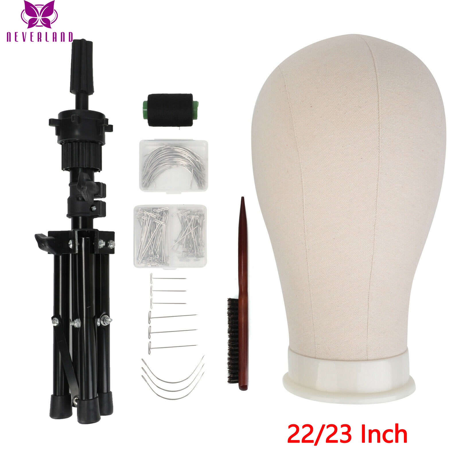 22/23''Training Mannequin Head Canvas Block Head Display Styling Manikin Head Wig Stand with T Pins Needles with Tripod and Comb