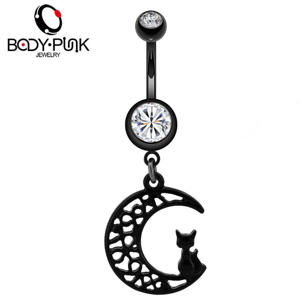 Body Punk Wholesale 10 pcs/pack Belly Button Rings Surgical Steel Black Moon Cat Dangle Navel Rings Piercing Jewelry for Women