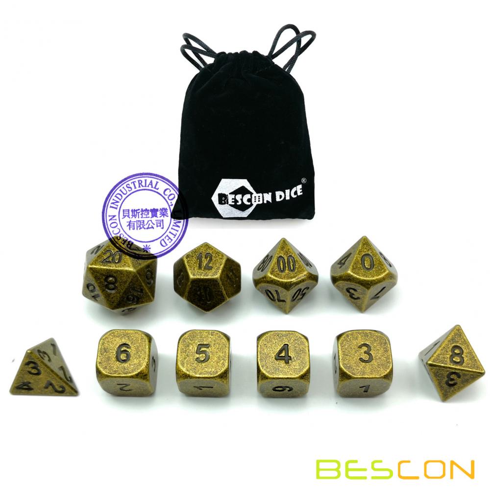Bescon 10pcs Set Ancient Brass Solid Metal Polyhedral Dice Set, Old Finish Bronze Metal RPG Role Playing Game Dice 7+3 Extra D6s