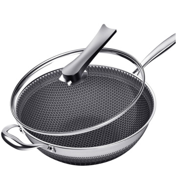 New Double-Sided Screen Honeycomb Stainless Steel Wok Without Oil Smoke Frying Pan Pan Non-Stick Cookware Kitchen Cooking Pot