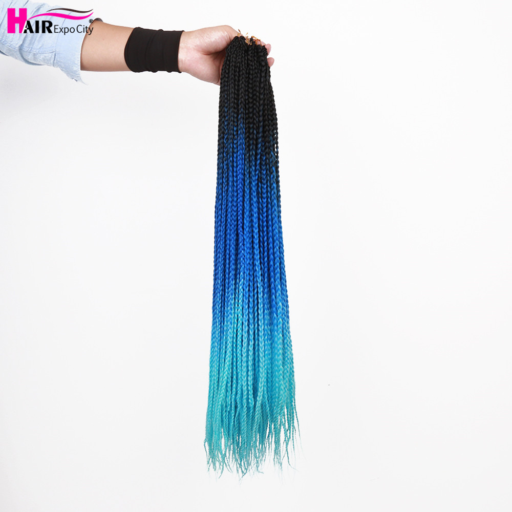 24" Box Braids Crochet Hair Ombre Synthetic Braiding Hair Extensions Heat Resistant Fiber 24 Roots/pack Pink Blue Hair Expo City