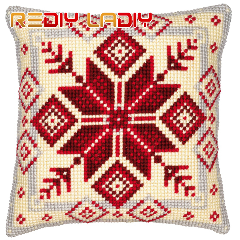 Cross Stitch Cushion Red Rosette Make Your Own Pillow DIY Chunky Cross Stitch Kits Pre-Printed Canvas Acrylic Yarn Pillow Case