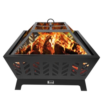 Fire Pit Outdoor Wood Burning 26 Inch Firebowl Fireplace Extra Deep Large Square Outside Backyard Heater Four-Corner