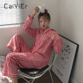 CAIYIER Cute Grid Girls Pajamas Set Korean Autumn Winter New Long Sleeve Leisure Sleepwear Women Loose Nightwear Homewear Suit