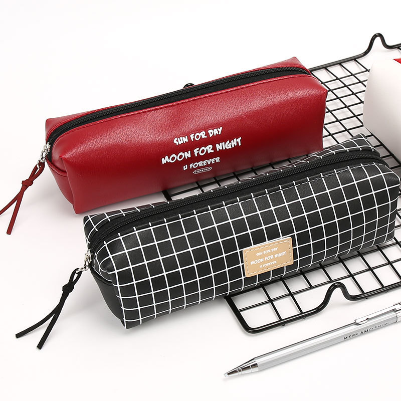Kawaii grid leather Pencil Bag Case Stationery Storage simple Organizer Bag School Office Supply
