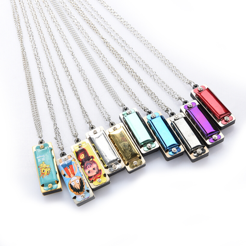 Mini 4 Hole 8 Tone Harmonica Metal Necklace Design Chain Toy Gift Color Random