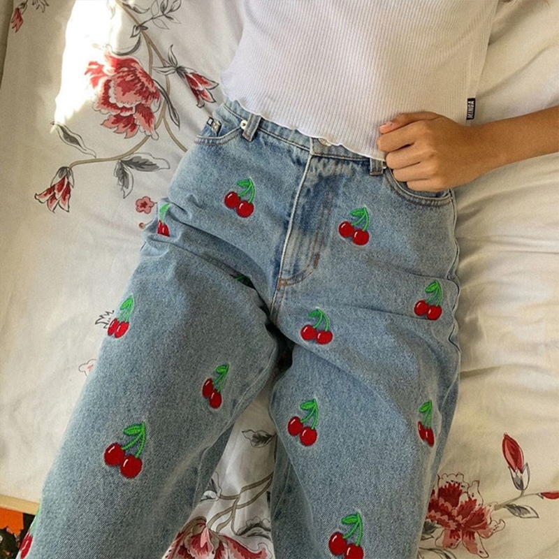 Women High Waisted Pencil Jeans Cute Cherry Embroidery Denim Pants Slim Trousers