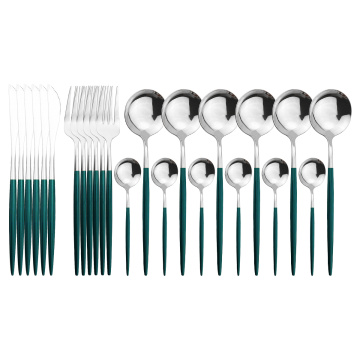 24Pcs Green Silver Cutlery Set Stainless Steel Dinnerware Set Knives Forks Spoon Dinner Tableware Set Kitchen Party Flatware Set