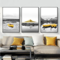 Yellow Boat on Lake Mountain Landscape Wall Art Canvas Painting Poster Print Pictures for Living Room Home Interior Decoration