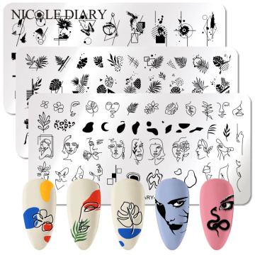 NICOLE DIARY Nail Stamping Plates Line Face Flower Nail Art Plate Stainless Steel Design Stamp Template Printing Stencil Tools