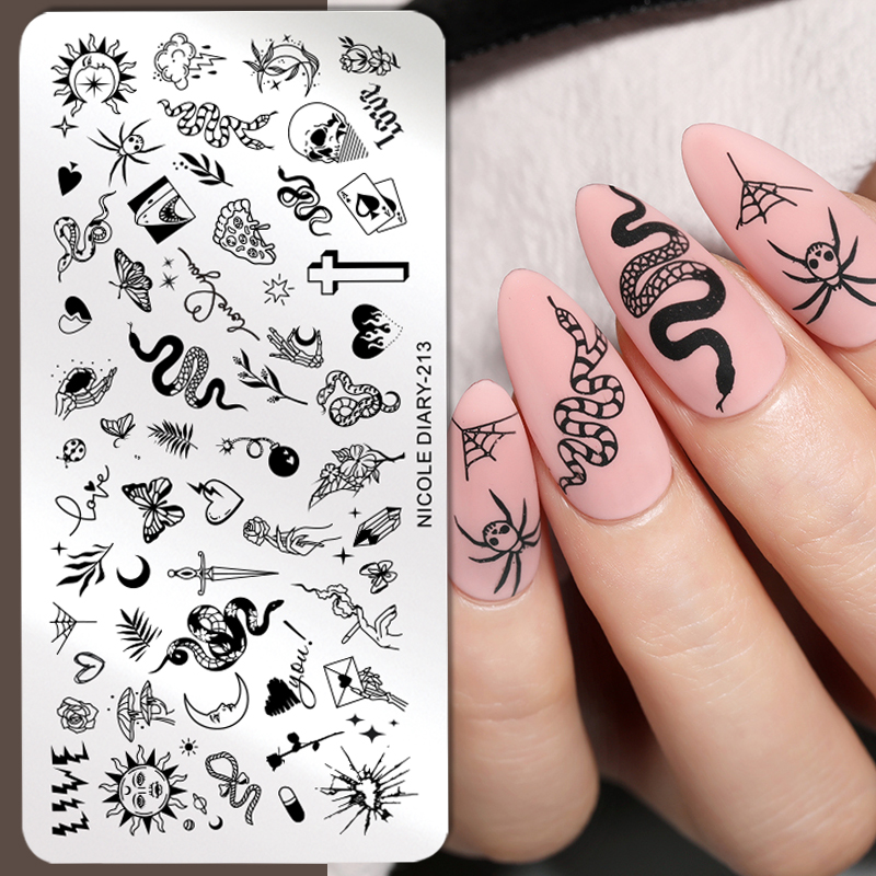 NICOLE DIARY Snake Leopard Nail Stamping Plates Geometric Lines Leaves Flowers Design Image Printing Plates Stencil Stamp Tools